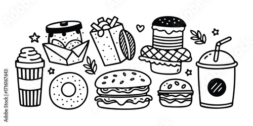 Whimsical doodle art collection of fast food icons delicious hamburgers fries drinks and donuts
