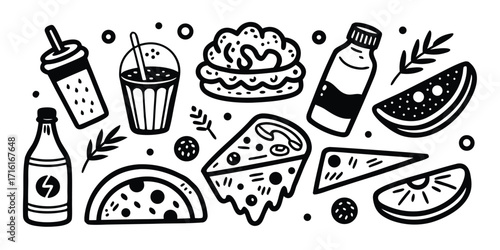 Hand-drawn food and drink icons featuring pizza burgers drinks and fruit slices