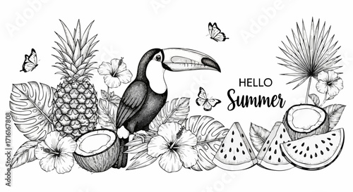 Tropical summer design with toucan, pineapple, watermelon, and hibiscus, perfect for vacation