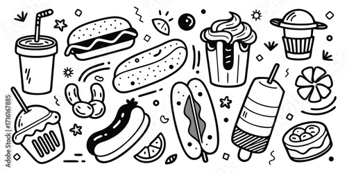 Delicious doodle collection of fast food burgers hot dogs drinks and sweets for design