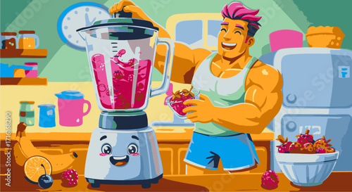 Vibrant Morning Ritual Energetic Man Preparing a Wholesome Berry Smoothie in a Bright Kitchen, Embracing a Fitness-Focused and Healthy Lifestyle with Fresh Ingredients