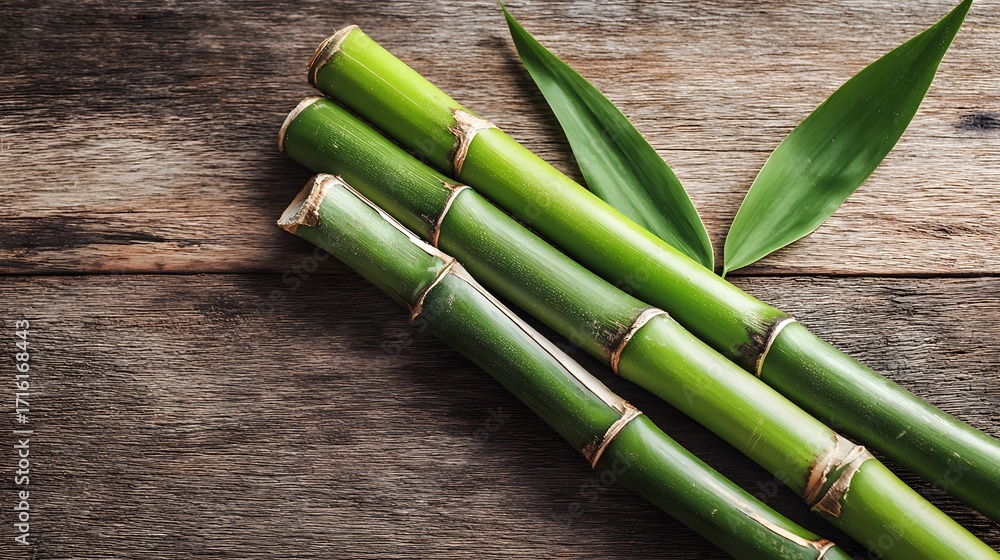 Fototapeta premium Fresh green bamboo stems with leaves on rustic wooden background.