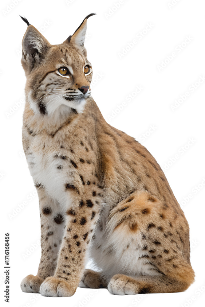 Obraz premium Lynx sitting majestically isolated on transparent background, wild cat with tufted ears and piercing eyes
