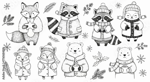 Adorable winter woodland creatures with festive holiday elements and cozy drinks create charming seasonal designs