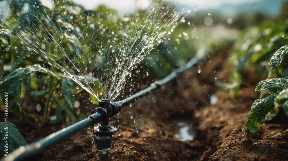 Naklejka premium Close up of irrigation system watering plants in a field on a sunny day outdoors