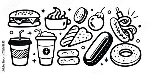 Fun doodle collection of fast food items burgers drinks hot dog doughnut and pastries