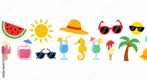 Vibrant summer icons like watermelon, sun, cocktails, and palm tree evoke fun vacation vibes.