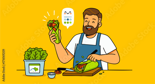 Happy chef preparing a delicious wrap with fresh ingredients in a kitchen, vector illustration