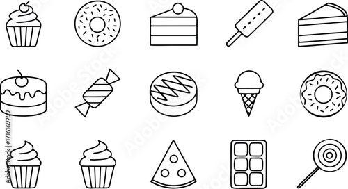 A delightful assortment of illustrated sweets and treats Cupcakes, donuts, cakes, ice cream, candy, pizza, and lollipop. These sweet treats are perfect for dessert or any other special occasion