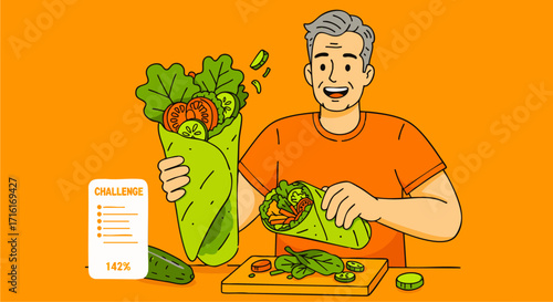 Healthy Eating Challenge Man Preparing Veggie Wraps with Fresh Ingredients and Positive Mindset