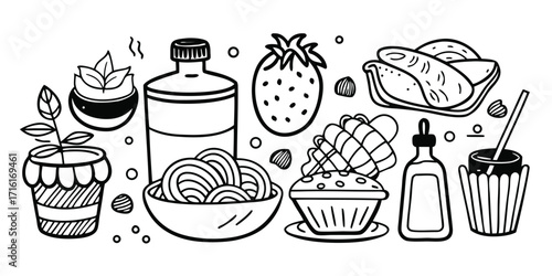 Hand-drawn line art collection of food items and drinks a delightful culinary montage