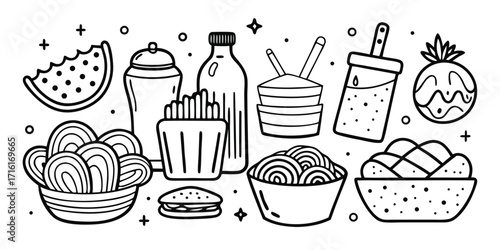 Whimsical hand-drawn collection of popular food and drinks for any occasion