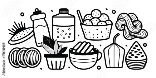 Whimsical hand-drawn food and drink icons for creative projects and designs