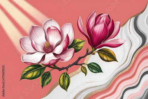 Delicate magnolia flowers blooming on a branch with abstract background