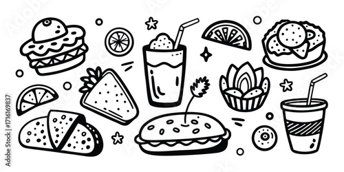 Whimsical hand-drawn fast food and drink collection doodle art elements
