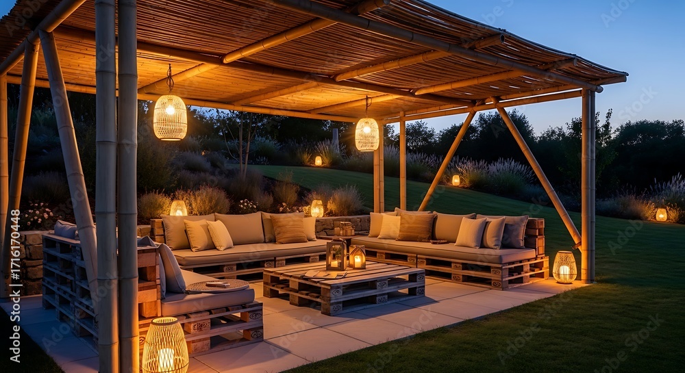 Fototapeta premium Serene Evening Pergola Lounge with Warm Lanterns Rustic Pallet Furniture.