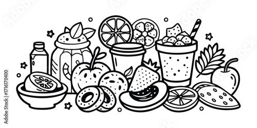 Delicious fresh fruits juice healthy refreshment beverage line drawing artistic concept