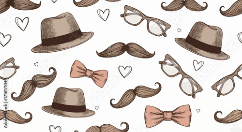 Charming vintage pattern of hats, mustaches, bowties, glasses, and hearts perfect for Father's Day
