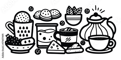 Whimsical hand drawn collection of sweet treats and hot beverages for cozy moments