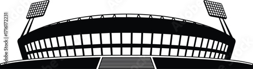 Modern stadium illustration, sports arena exterior, floodlight tower design, black and white vector, contemporary event venue, urban landmark, architectural building structure drawing