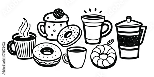 Hand drawn coffee cups and donuts delicious treats for a cozy break