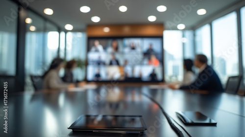 Modern Business Conference Room with Blurred Video Conference and Tablets