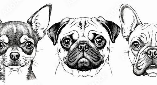Adorable dog portraits in detailed black and white style, perfect for pet lovers and design
