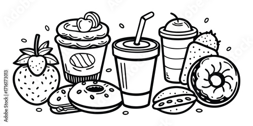 Delicious strawberry donuts and sweet drinks sketch collection for food lovers
