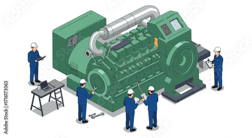 Industrial team conducting inspection of large green engine for mechanical assessment and maintenance vector illustration
