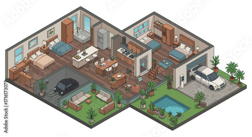 Modern home design with indoor garage and garden spaces vector illustration