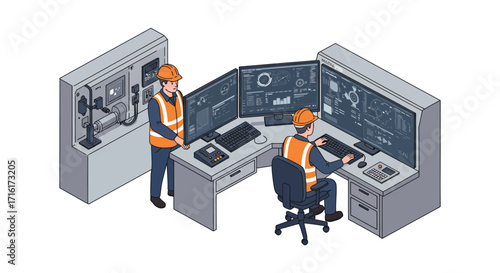 Control room monitoring and operations with engineers in safety gear vector illustration