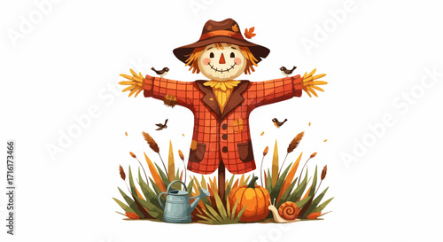 Charming scarecrow surrounded by autumn harvest and birds for seasonal fall celebrations or decorations