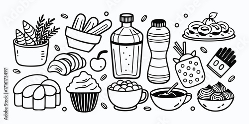 Hand-drawn food and drinks collection doodle art style variety
