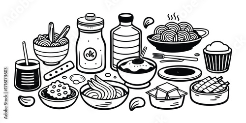 Hand-drawn culinary scene with various food items and condiments