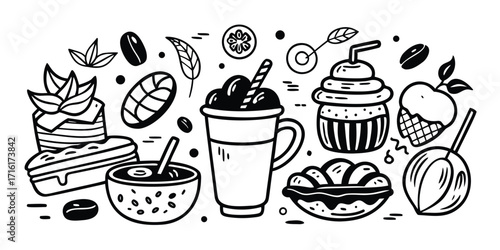 Hand-drawn coffee and dessert treats collection featuring cakes ice cream and drinks doodle style