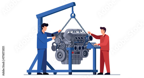 Teamwork in engine maintenance and engineering design for industrial projects vector illustration