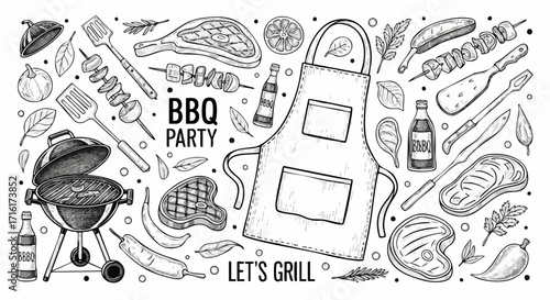 BBQ party concept with grill, apron, and food perfect for summer cookouts and outdoor events