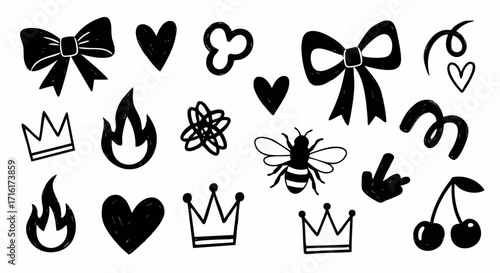 Whimsical hand-drawn icons featuring bows, hearts, flames, crowns, a bee, and cherries for creative projects