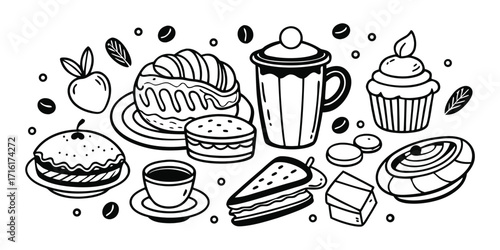 Hand drawn sketch of delicious pastries coffee cup and fresh apple for breakfast