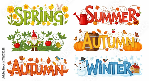 Charming seasonal typography celebrating spring, summer, autumn, and winter themes for holiday designs