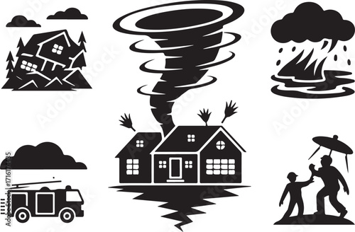 Disaster icons show tornado, flood, quake, fire, and storm