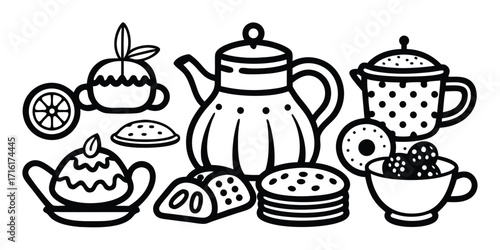 Whimsical tea party delight with cakes teapots and pastries black and white drawing