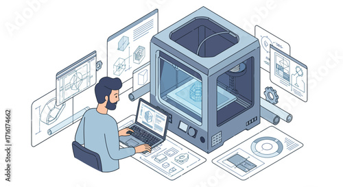 Man designing innovative 3d models with advanced 3d printer in creative technology environment vector illustration