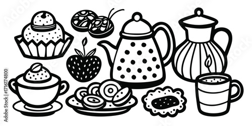 Whimsical hand-drawn collection of teapots coffee cup desserts and fruits enjoy a sweet treat