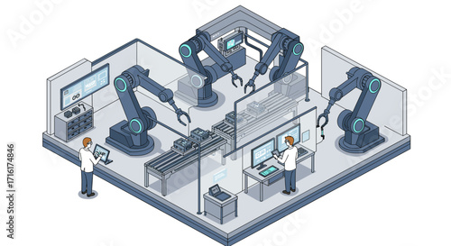 Advanced robotics in automated industrial facility for modern manufacturing processes isometric style vector illustration