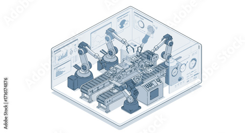 Automated robotics in a high tech manufacturing facility for modern industrial efficiency isometric style vector illustration