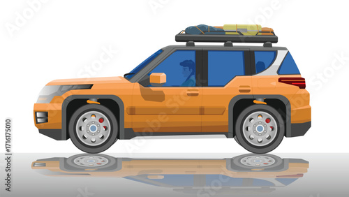 Object of side view traveling of off road. Driving man in side car. car color orange and black roof. On the car roof rack there is luggage with ropes. With shadow on isolated white background.