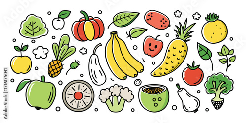 Vibrant assortment of fresh fruits and vegetables featuring bananas apples pumpkin and broccoli