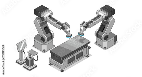 Industrial automation technology with robotic arms in manufacturing process isometric style vector illustration