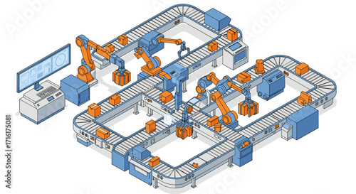 Automated robotics in a modern manufacturing assembly line concept isometric style vector illustration
